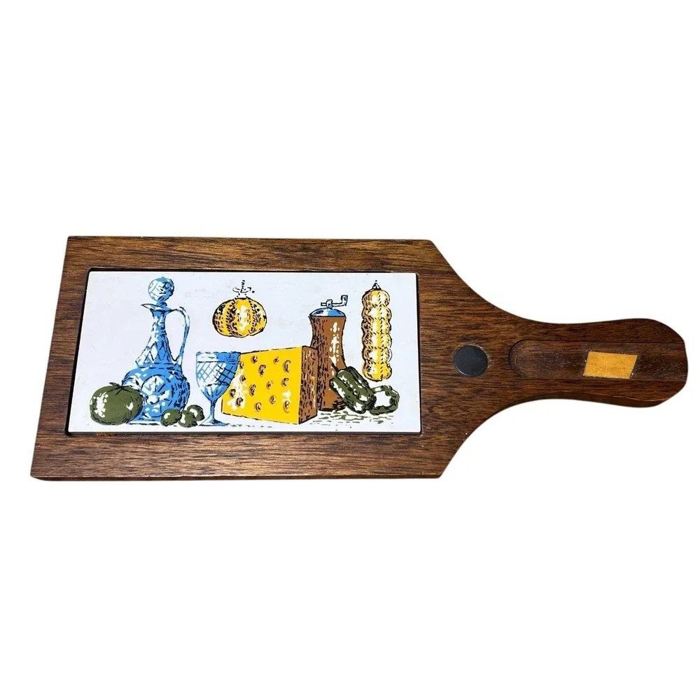 VTG Mid-Century Teak Cheese Board with Ceramic Tile Insert Retro Charcuterie